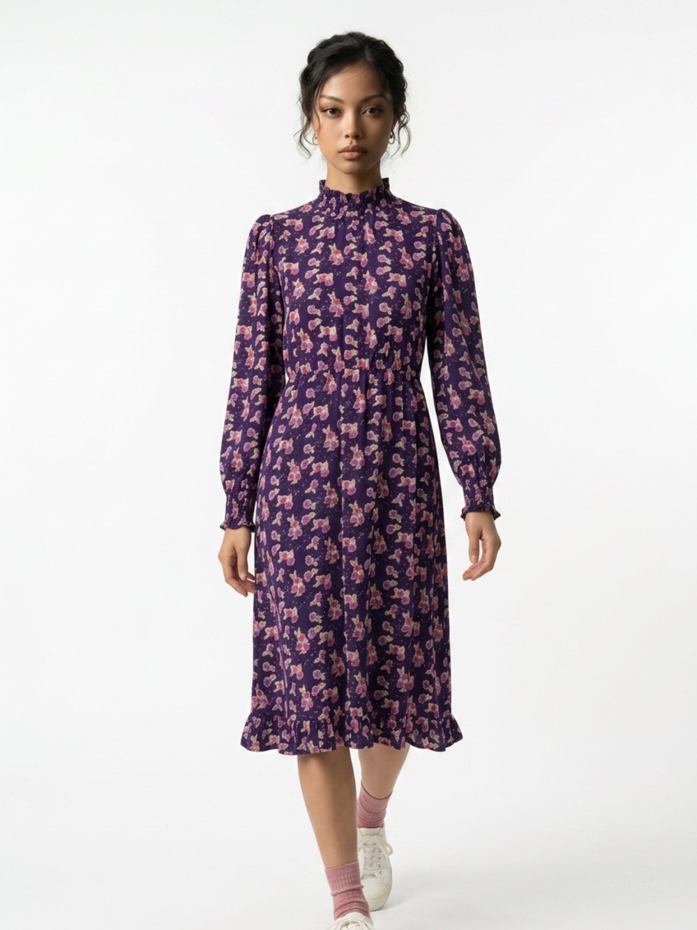 COMPANIA FANTASTICA | NEW Vestido Fruit Print Purple Midi Dress Women’s Size XS